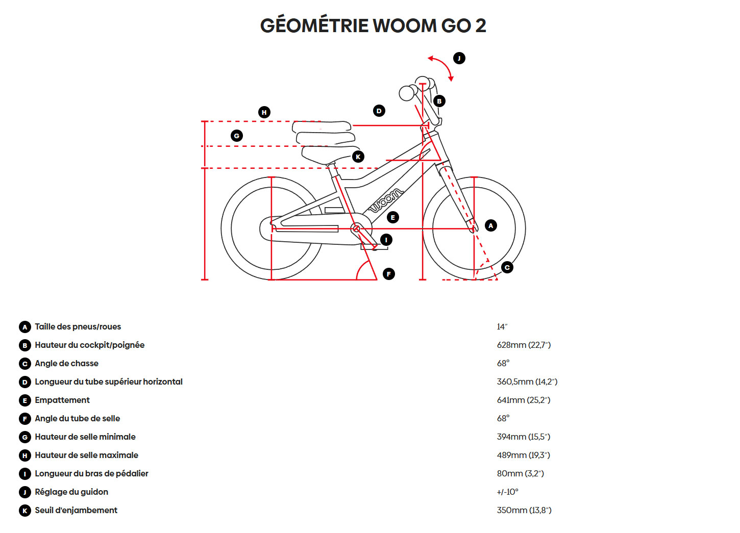 Guide de taille du vélo Woom Go 2 Année 2026